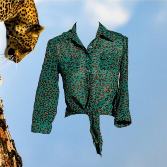 Mine Green Leopard Print Tie Front Blouse, Size S - Picture 8 of 9